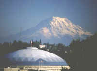 Mount Rainier towering over the Tacoma Dome.