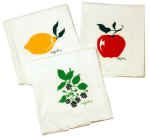 Hand screened for PNW Shop, these large (21"X40"), 100% cotton tea towels have bright lemon, apple and blackberry graphics.�